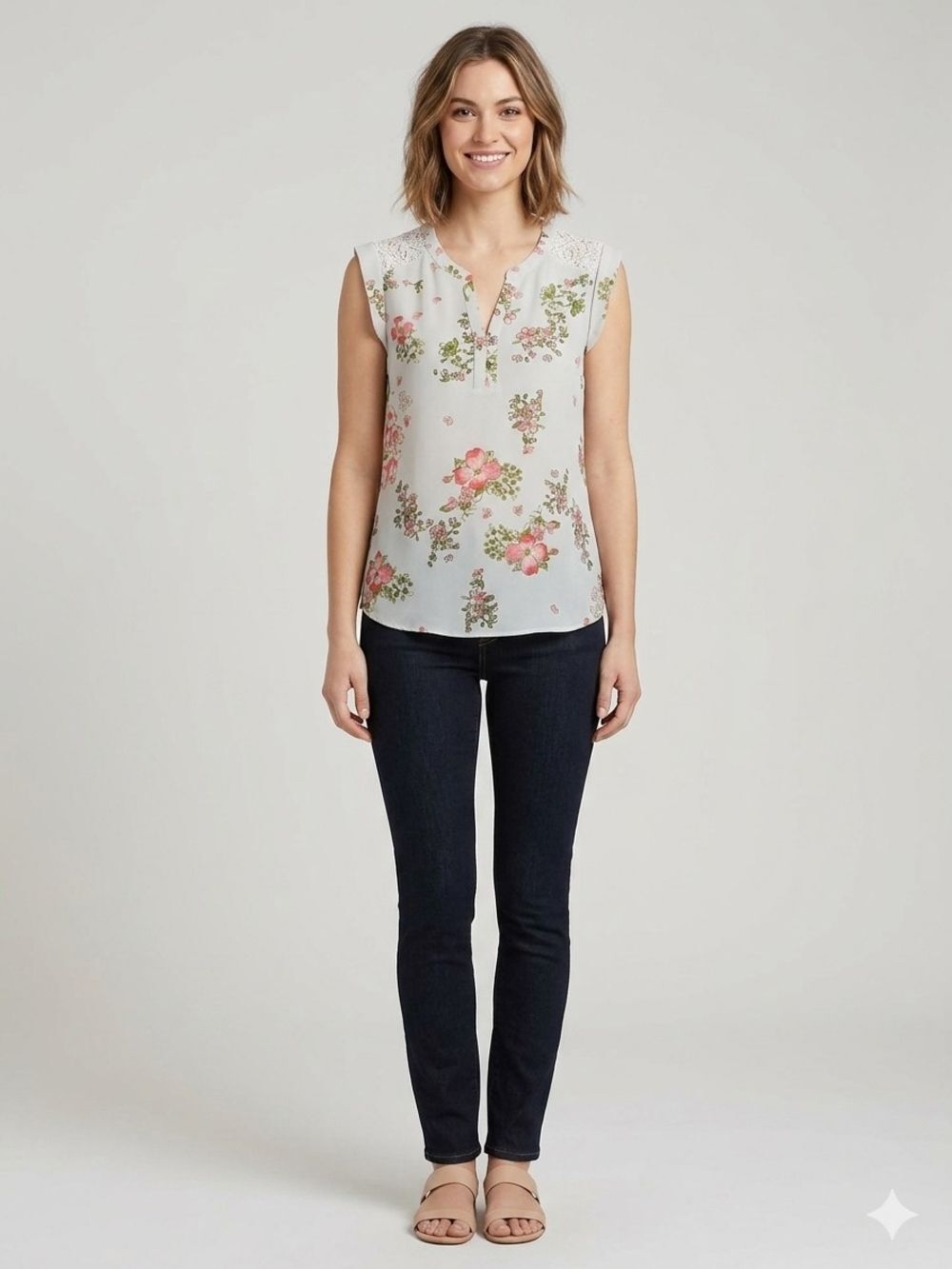 Van Heusen Cream Floral Sleeveless Lace Shoulder Blouse M